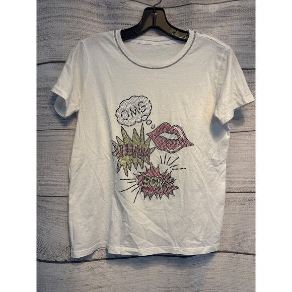 OMG Rhinestone Comic Book Pop Art White Graphic Tee - Picture 1 of 8